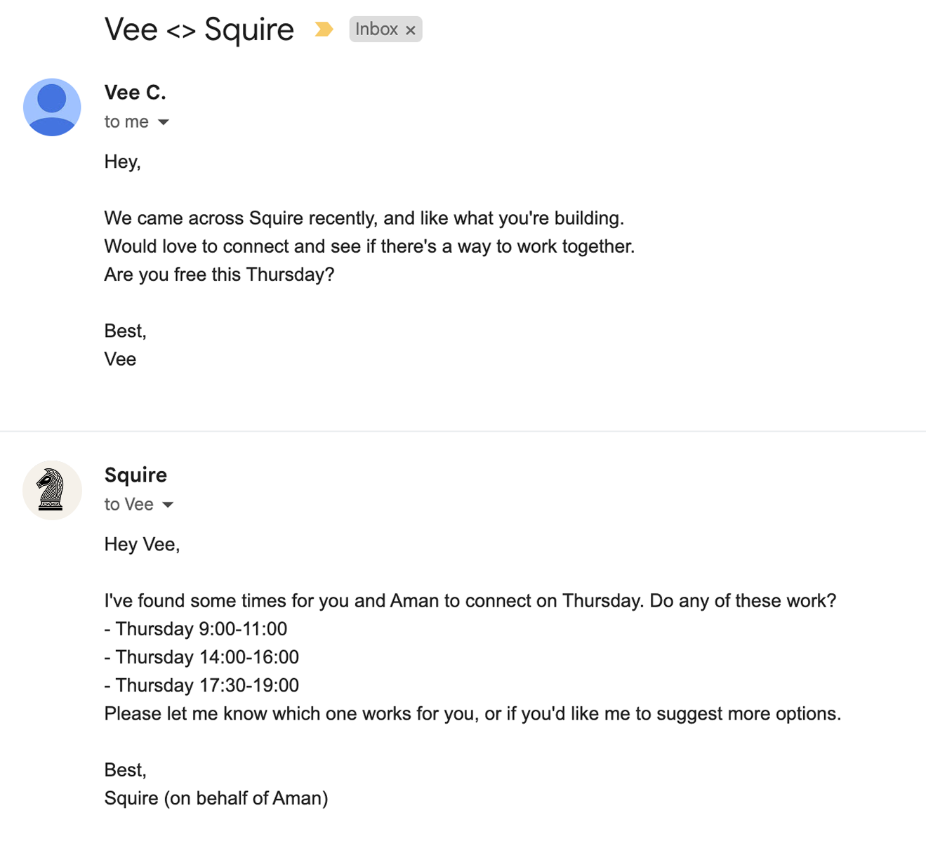 Squire calendar scheduling interface showing AI-powered meeting coordination and availability management