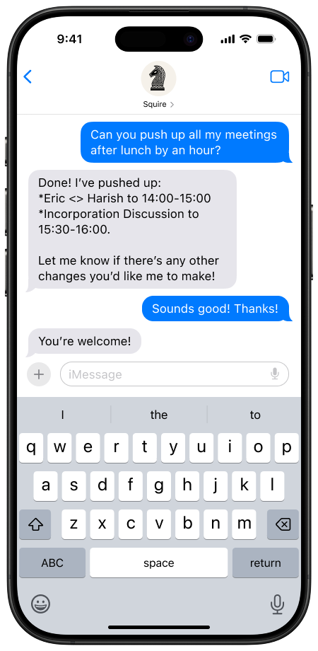 Squire iPhone Messages demo showing AI assistant integration with iMessage for email and calendar management