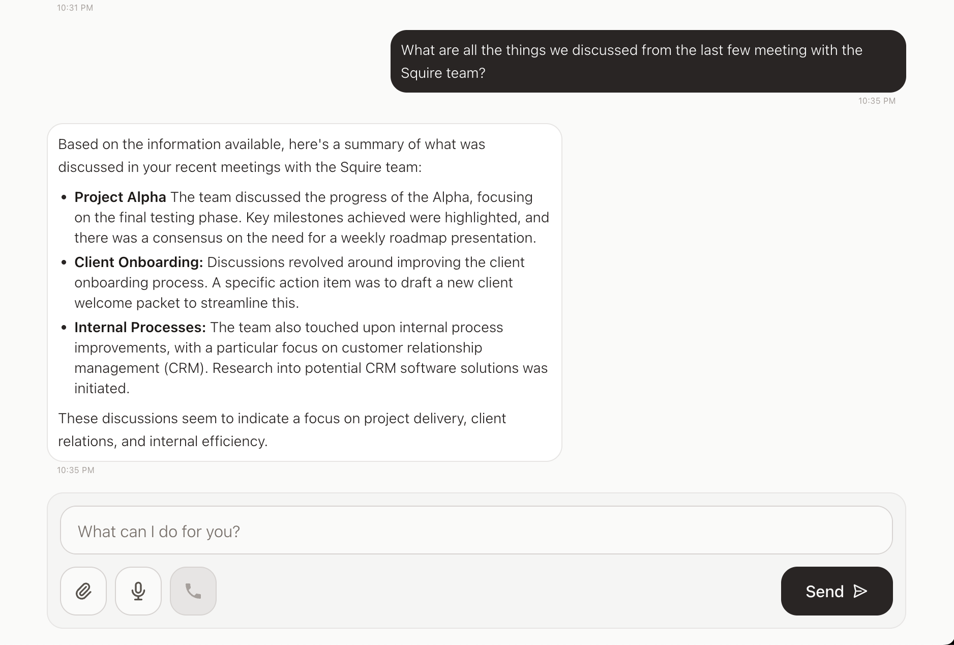 Squire automated meeting summary generator showing AI-created meeting notes, action item tracking, and project status management interface
