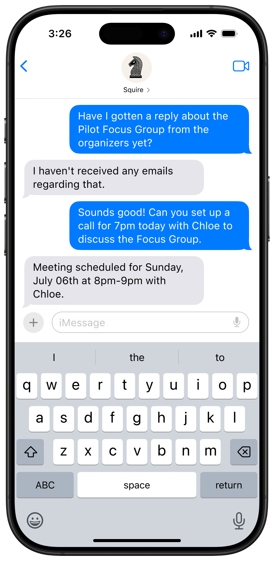 Squire mobile text assistant on iPhone Messages showing AI email management, calendar scheduling, and productivity features via SMS